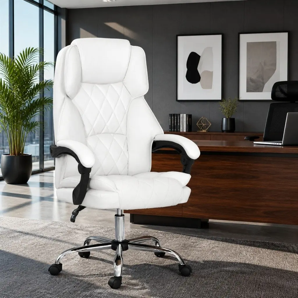 Office Chair High-Back Recliner White Padded Armrests Adjustable
