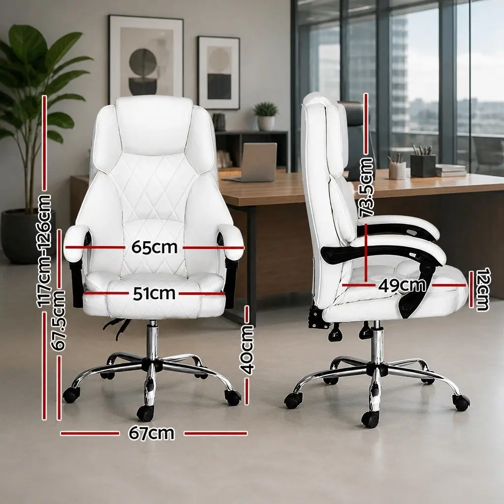 Office Chair High-Back Recliner White Padded Armrests Adjustable