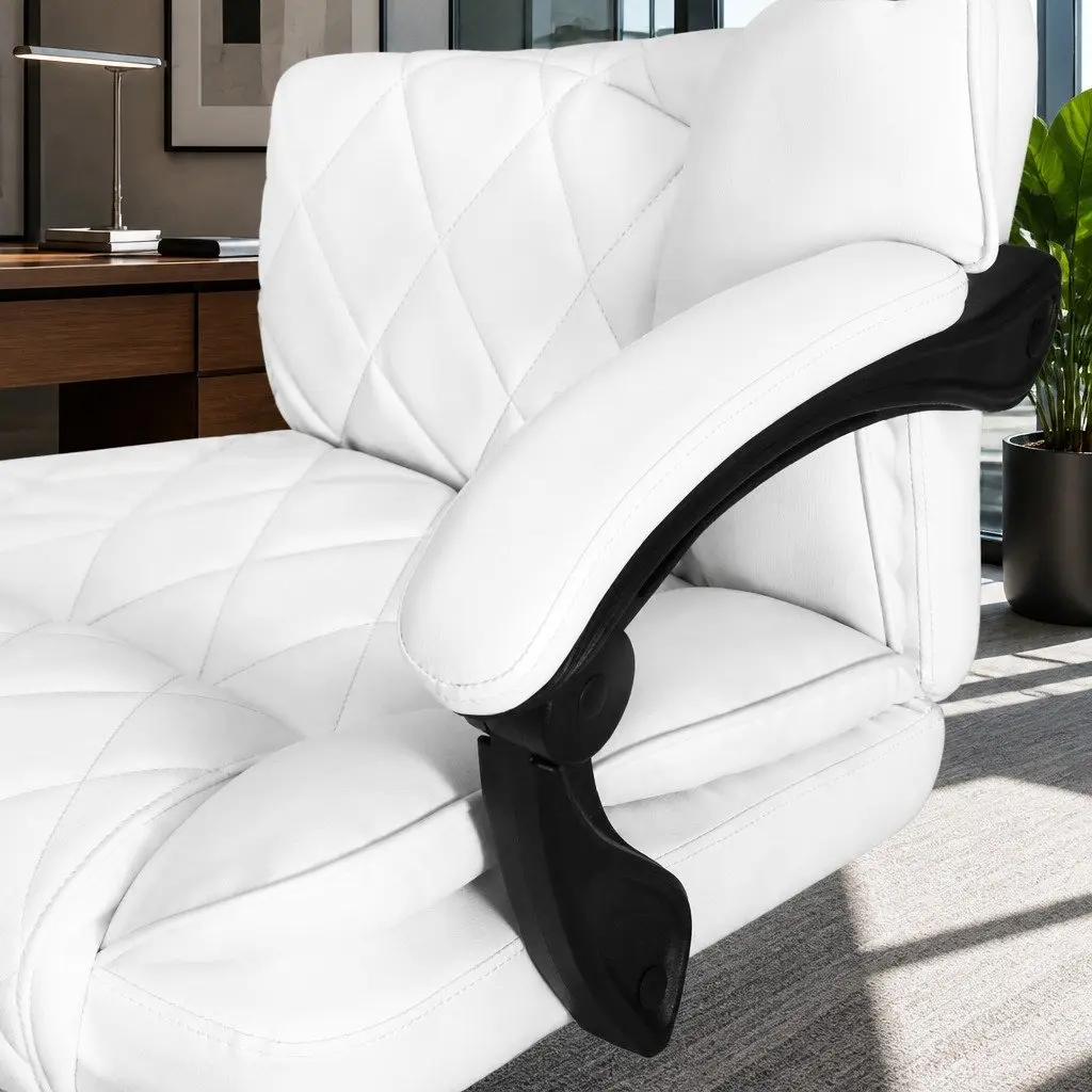 Office Chair High-Back Recliner White Padded Armrests Adjustable