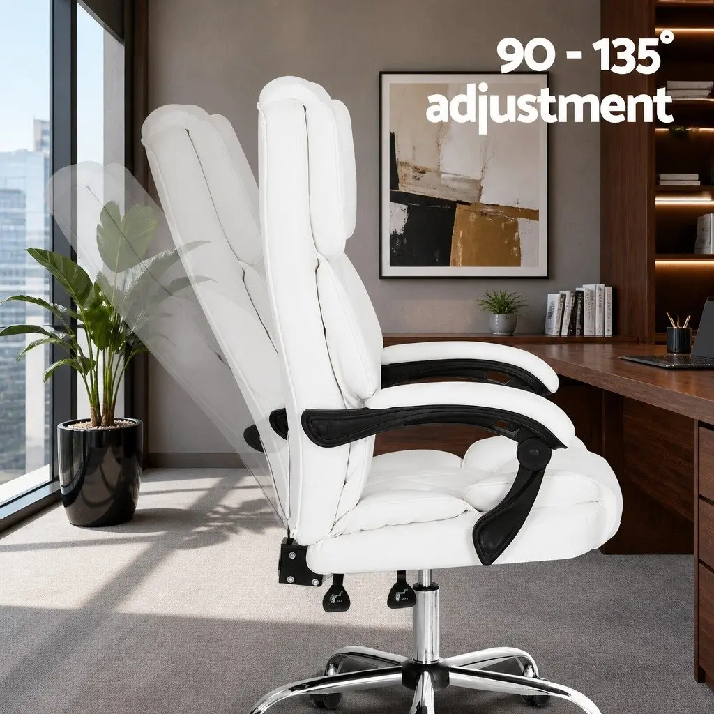 Office Chair High-Back Recliner White Padded Armrests Adjustable