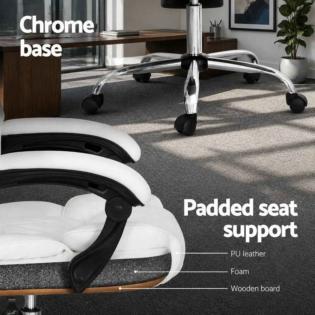Office Chair High-Back Recliner White Padded Armrests Adjustable
