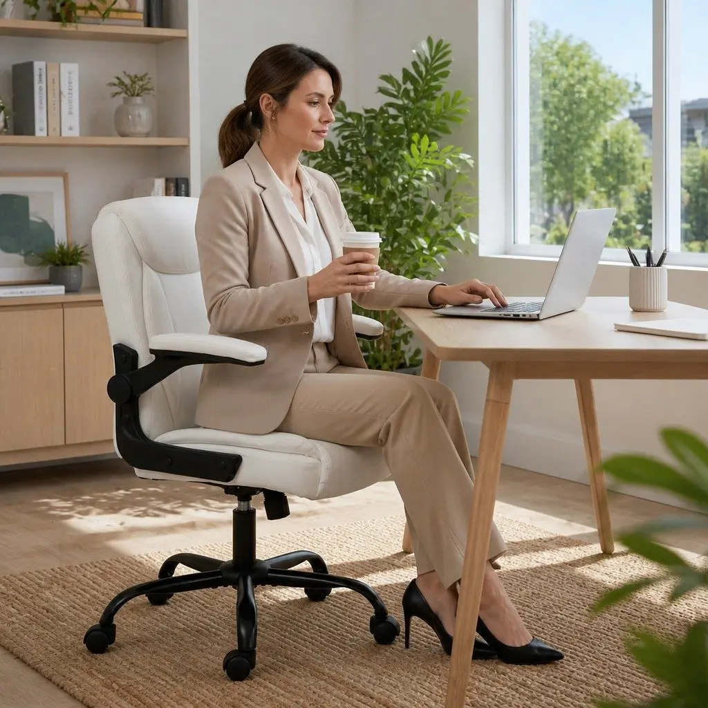 Executive Office Chair Mid Back White High Density Foam Swivel Desk Seat
