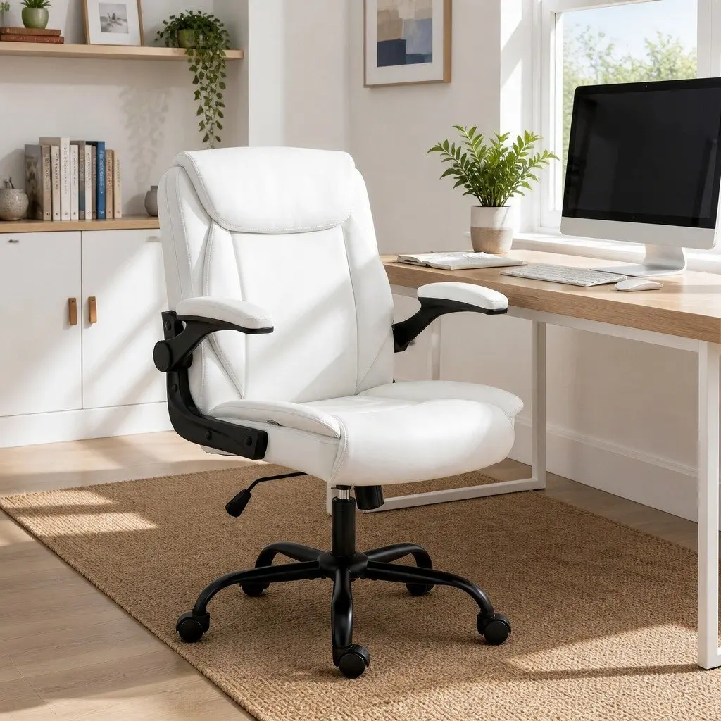 Executive Office Chair Mid Back White High Density Foam Swivel Desk Seat
