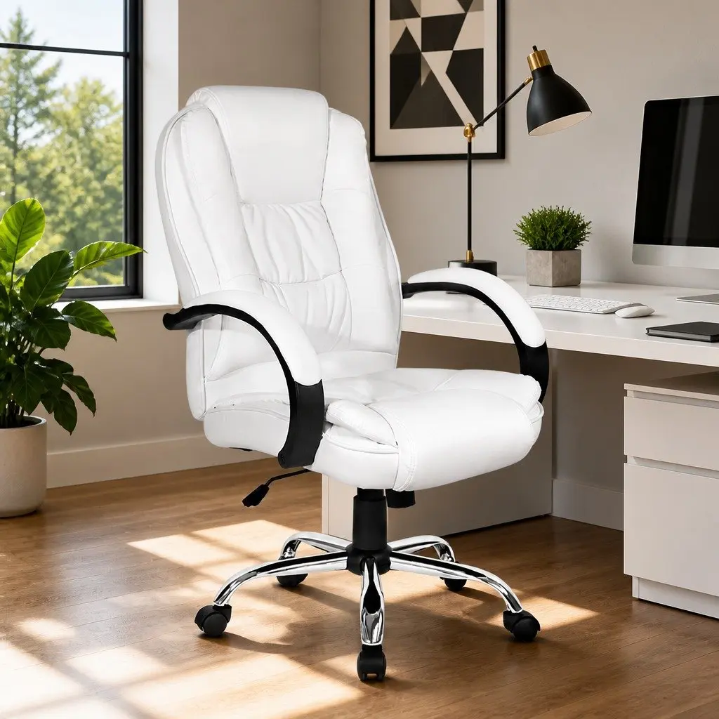 Office Chair High Back White Padded Tilt Swivel with Armrests