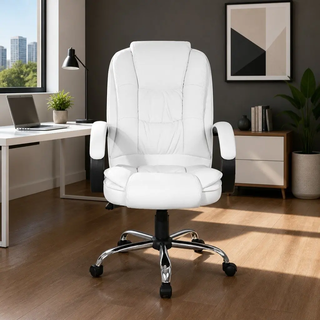 Office Chair High Back White Padded Tilt Swivel with Armrests