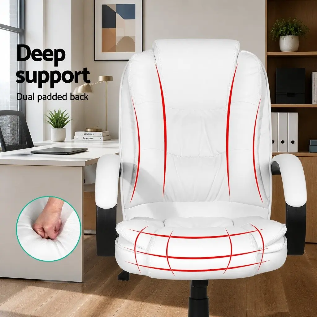Office Chair High Back White Padded Tilt Swivel with Armrests
