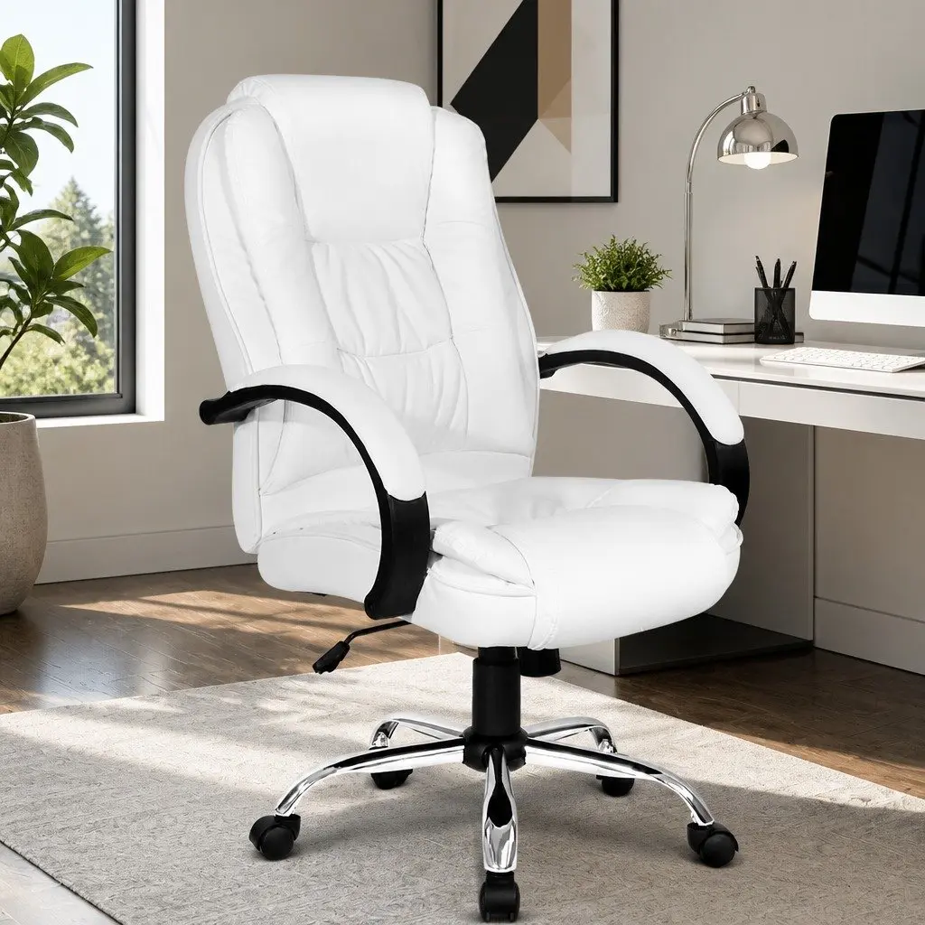 Office Chair High Back White Padded Tilt Swivel with Armrests