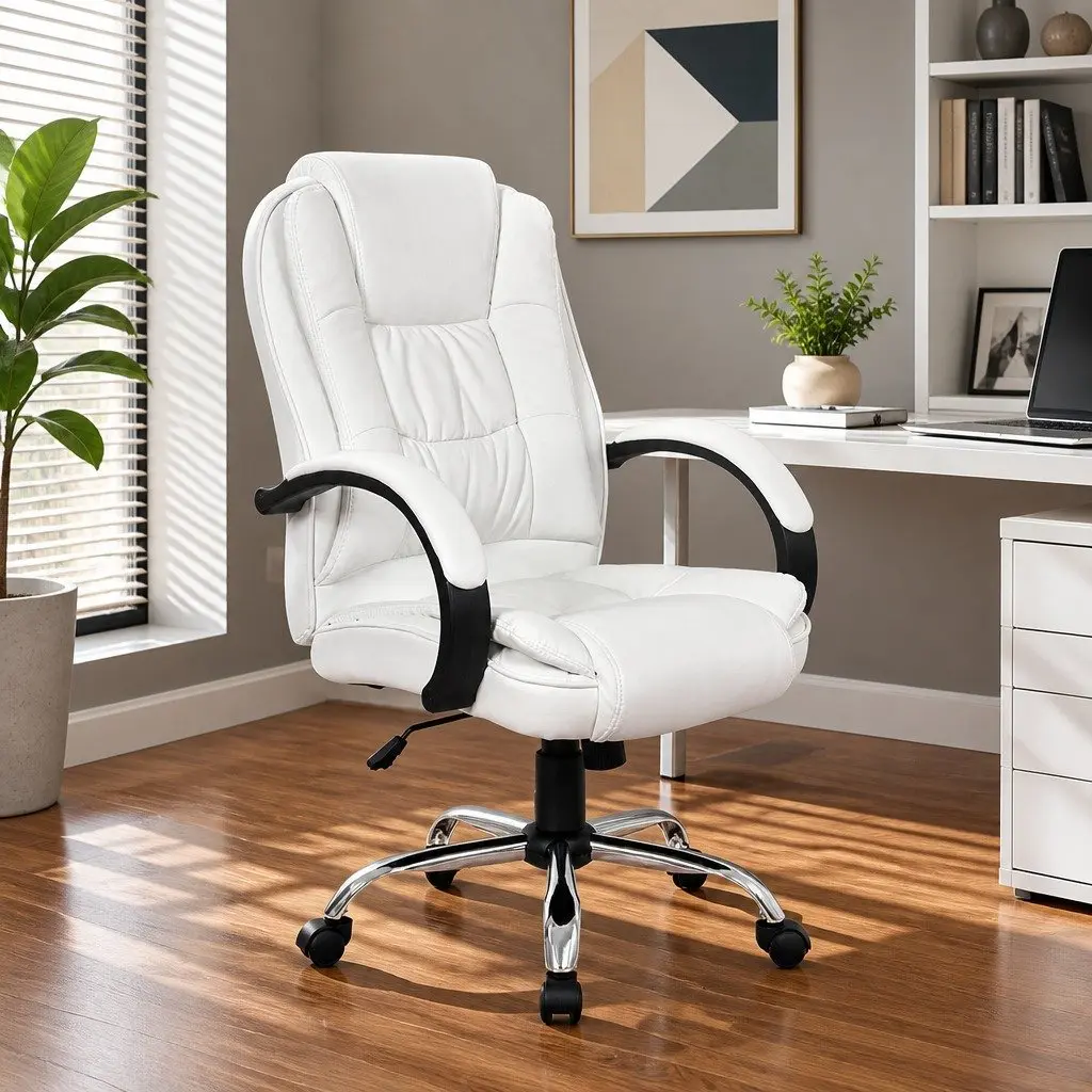 Office Chair High Back White Padded Tilt Swivel with Armrests