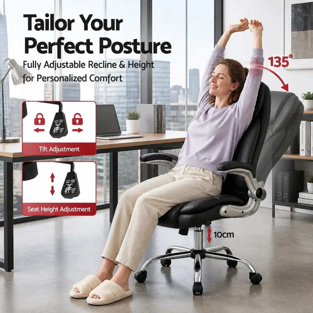 Executive Office Chair High Back Leather Tilt Swivel Lumbar Support Black