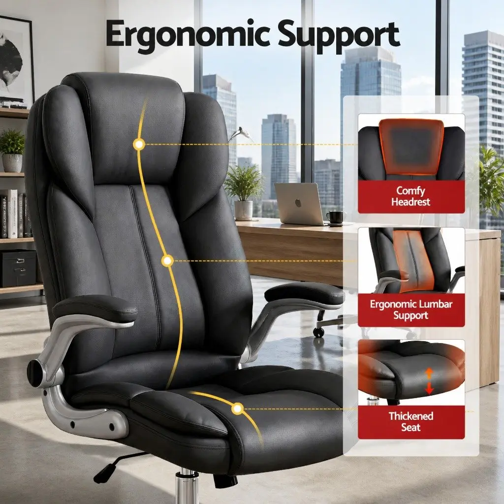 Executive Office Chair High Back Leather Tilt Swivel Lumbar Support Black
