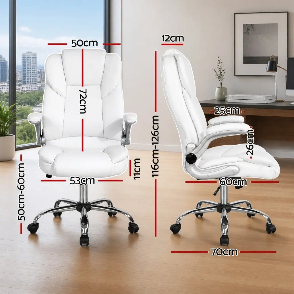 Executive Office Chair White Leather High Back with Lumbar Support and Tilt Swivel