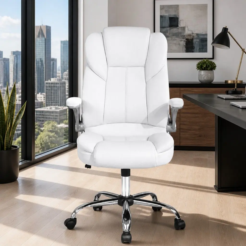 Executive Office Chair White Leather High Back with Lumbar Support and Tilt Swivel