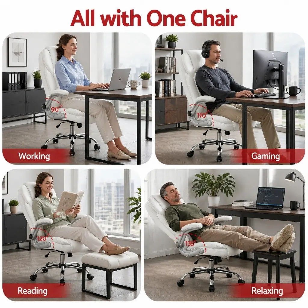 Executive Office Chair White Leather High Back with Lumbar Support and Tilt Swivel