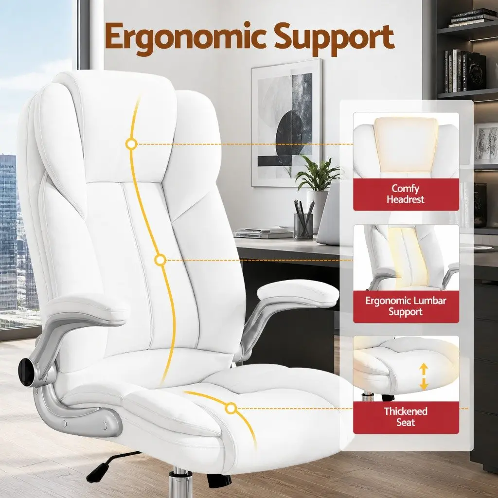 Executive Office Chair White Leather High Back with Lumbar Support and Tilt Swivel