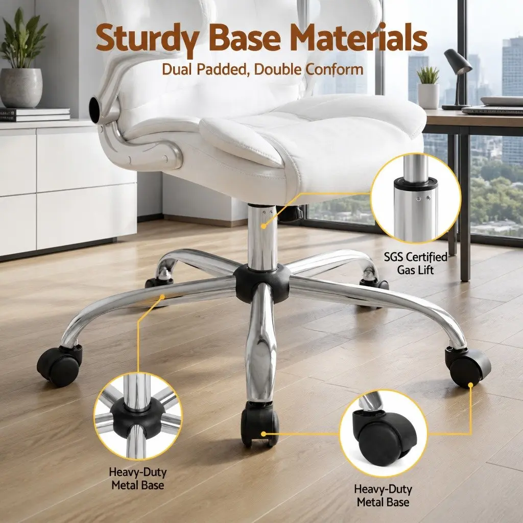 Executive Office Chair White Leather High Back with Lumbar Support and Tilt Swivel