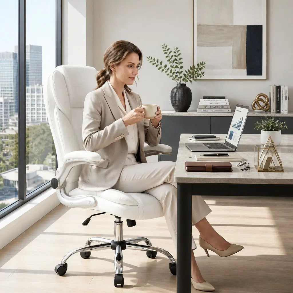 Executive Office Chair White Leather High Back with Lumbar Support and Tilt Swivel