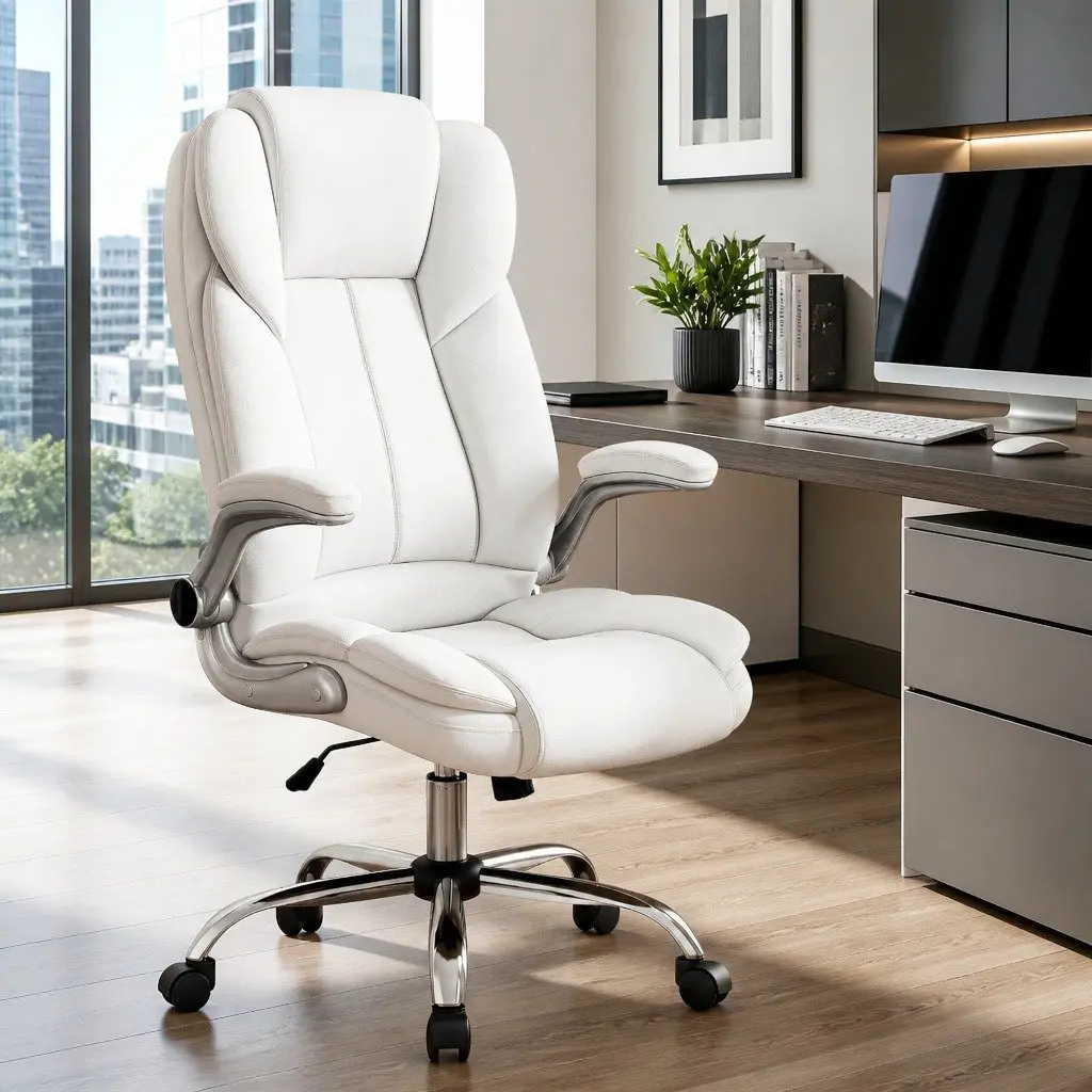 Executive Office Chair White Leather High Back with Lumbar Support and Tilt Swivel