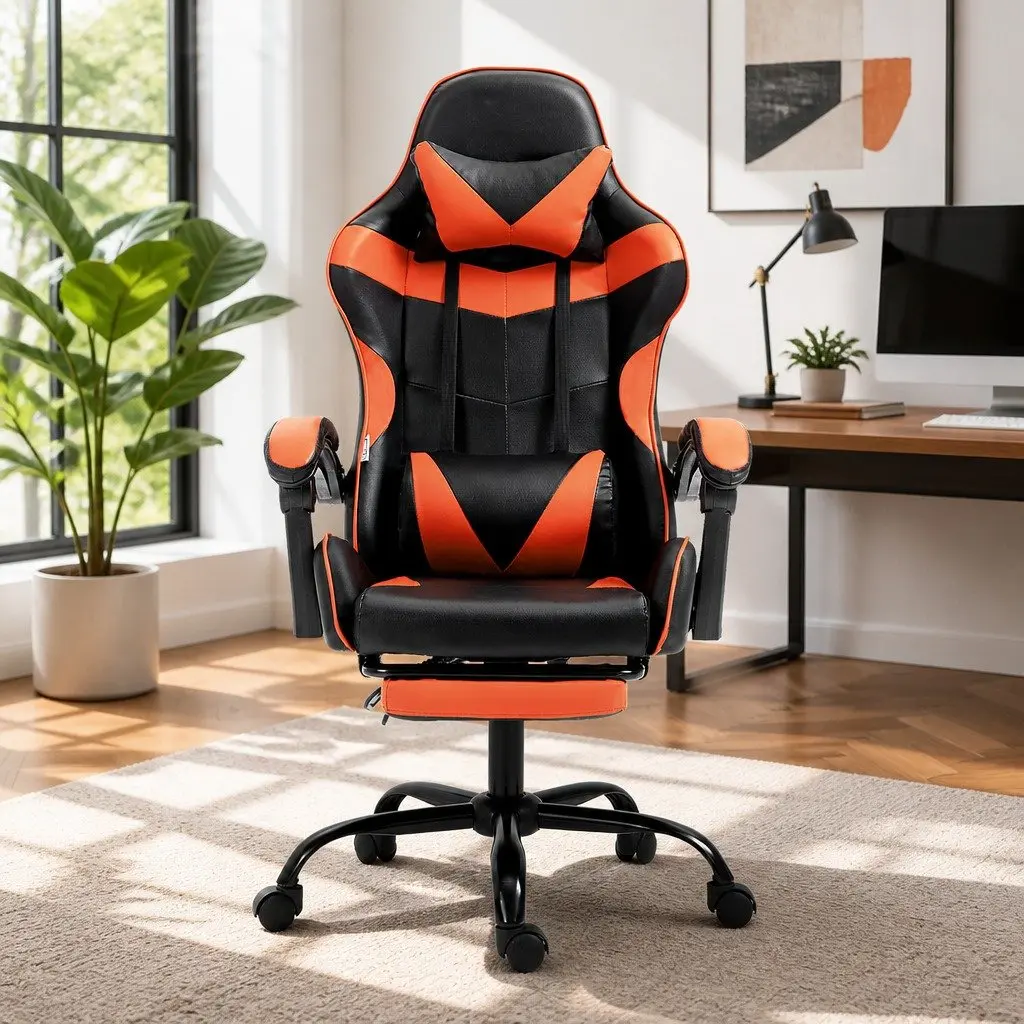 High-Back Gaming Office Chair with Adjustable Footrest and Reclining Function in Orange