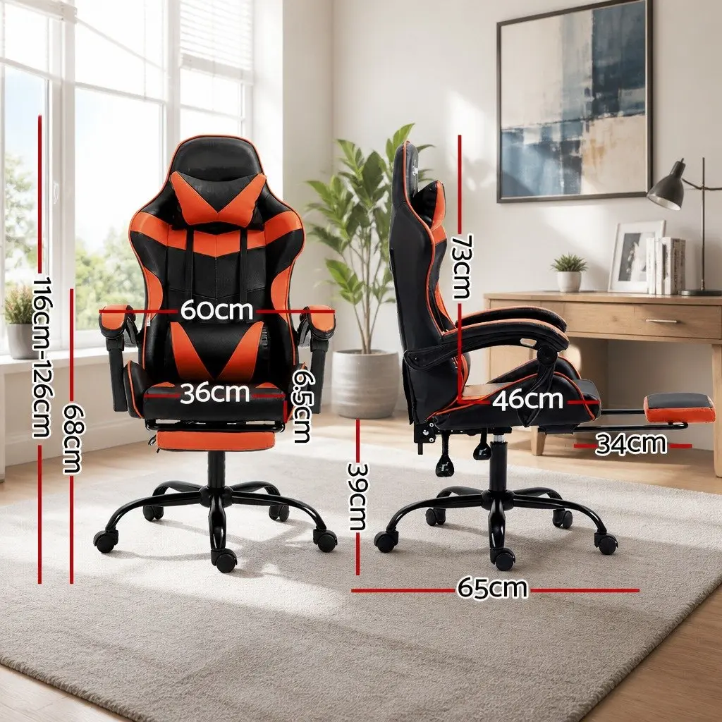 High-Back Gaming Office Chair with Adjustable Footrest and Reclining Function in Orange