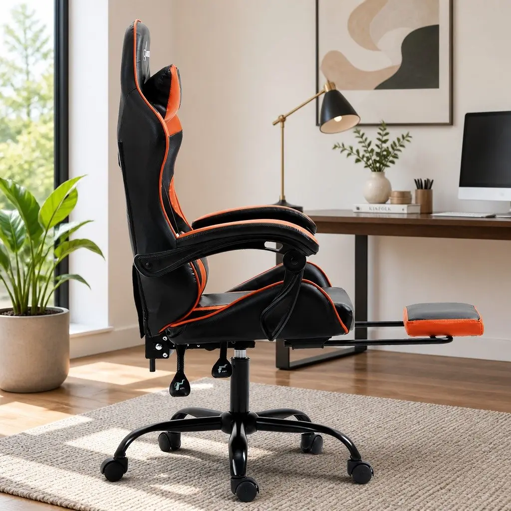 High-Back Gaming Office Chair with Adjustable Footrest and Reclining Function in Orange