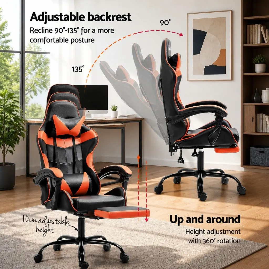 High-Back Gaming Office Chair with Adjustable Footrest and Reclining Function in Orange