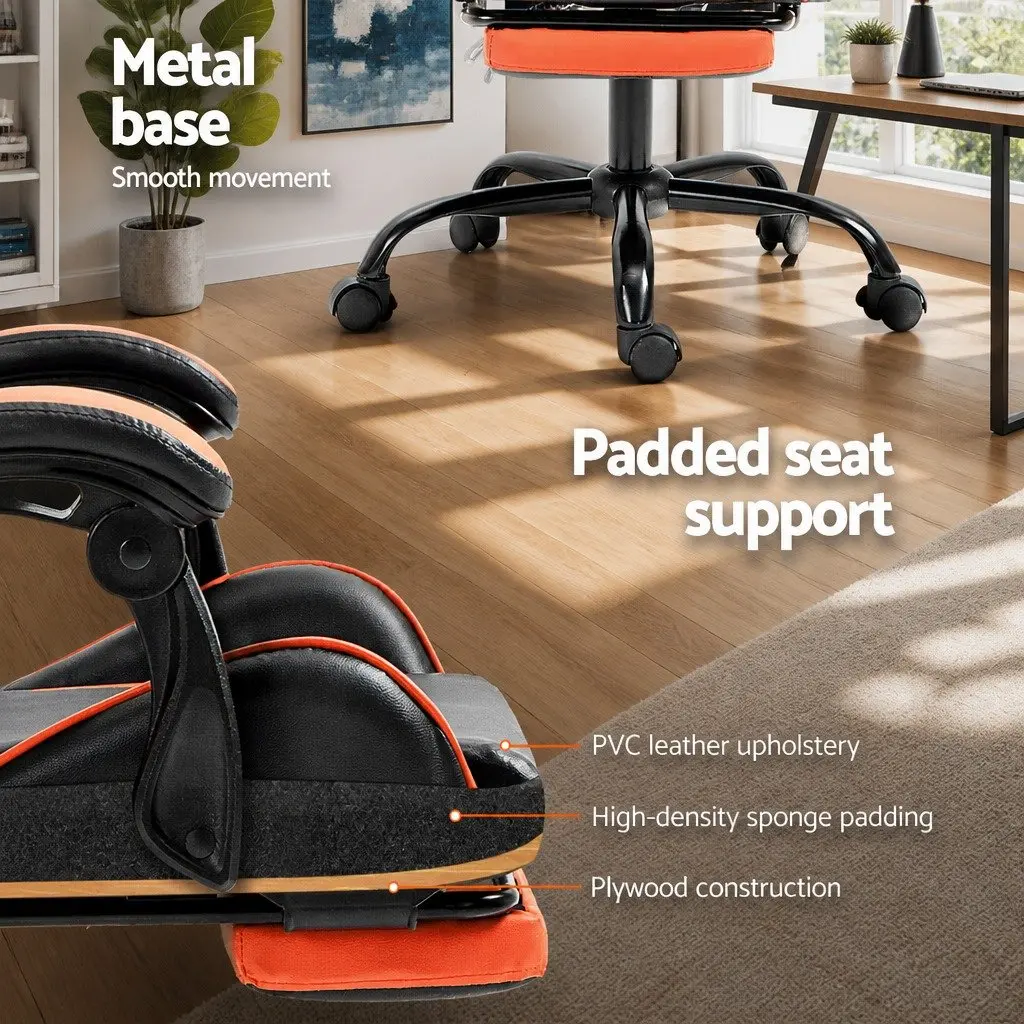 High-Back Gaming Office Chair with Adjustable Footrest and Reclining Function in Orange