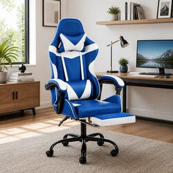 Gaming Office Chair Executive Computer Desk Seat High-Back Footrest Blue White