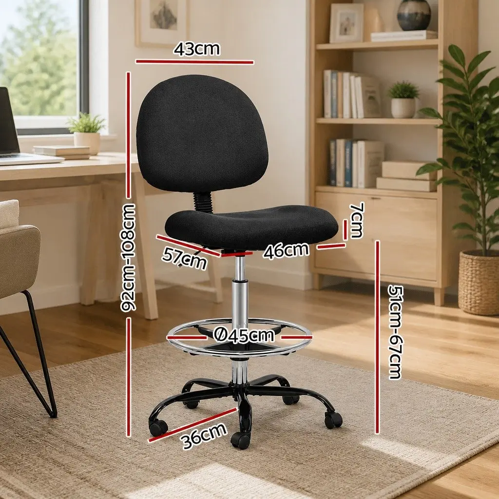 Office Drafting Stool Black Fabric Chair Adjustable Height Footrest Rotatable