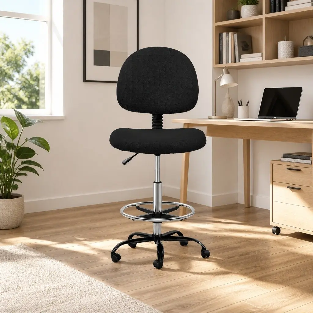 Office Drafting Stool Black Fabric Chair Adjustable Height Footrest Rotatable