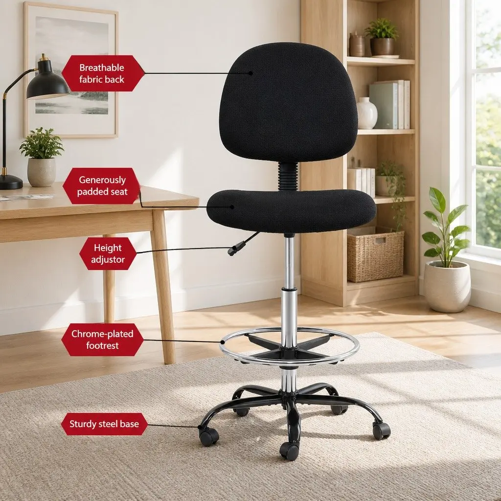 Office Drafting Stool Black Fabric Chair Adjustable Height Footrest Rotatable