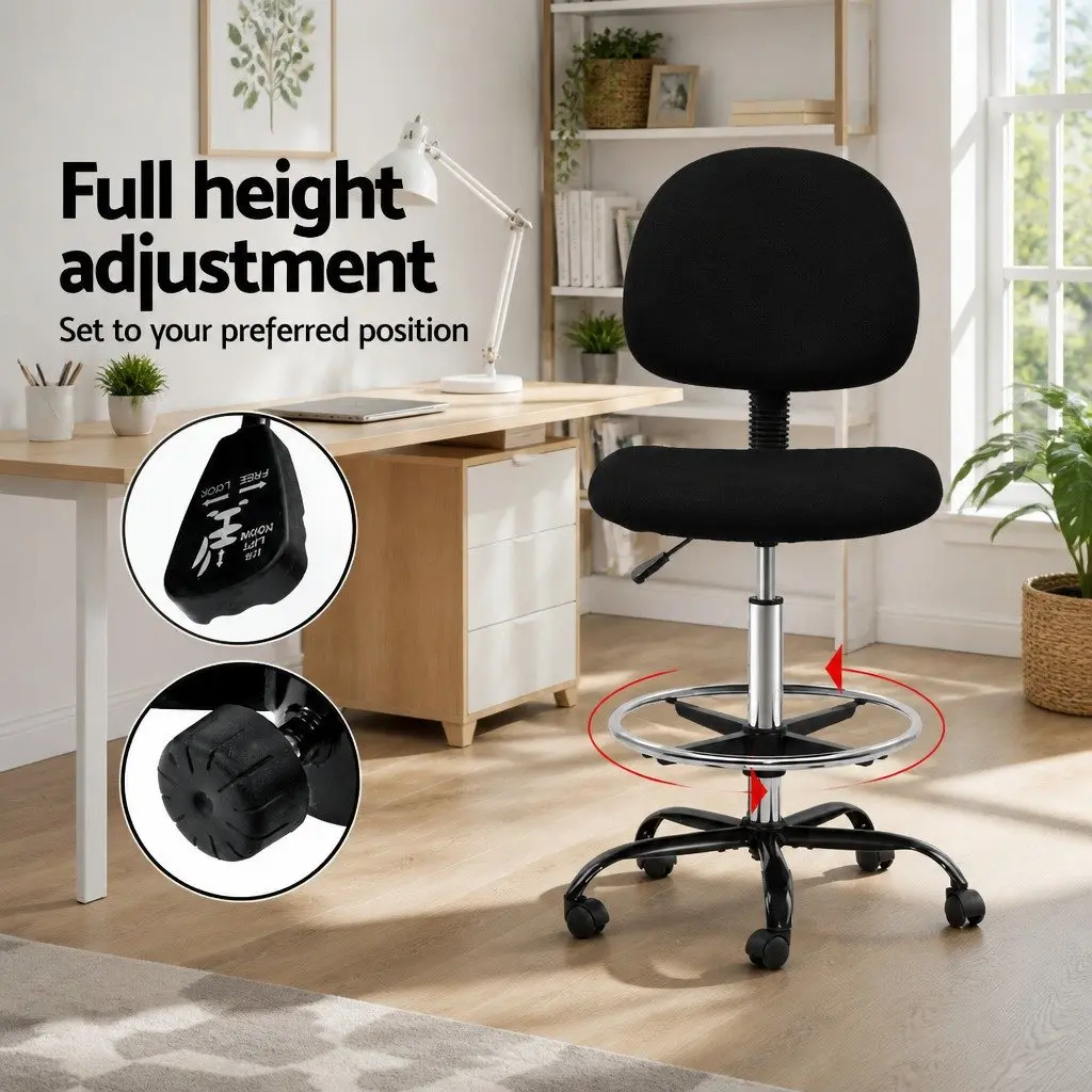 Office Drafting Stool Black Fabric Chair Adjustable Height Footrest Rotatable
