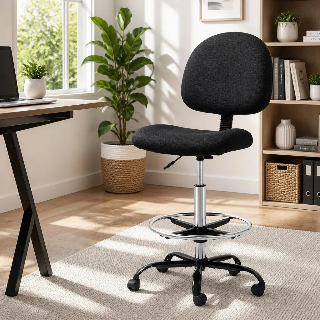 Office Drafting Stool Black Fabric Chair Adjustable Height Footrest Rotatable