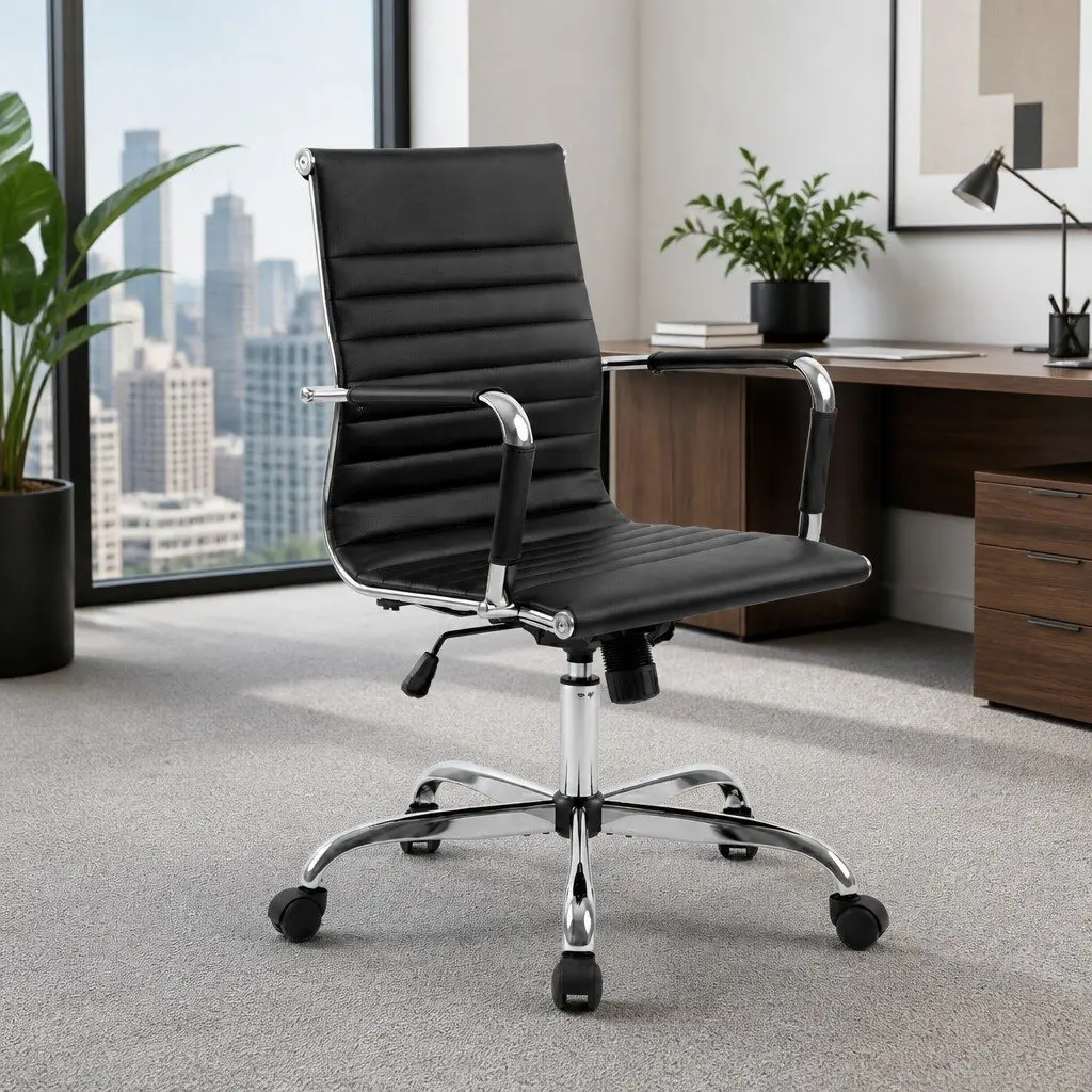 Office Chair Mid Back PU Leather Rotatable Tilt Height Adjustable