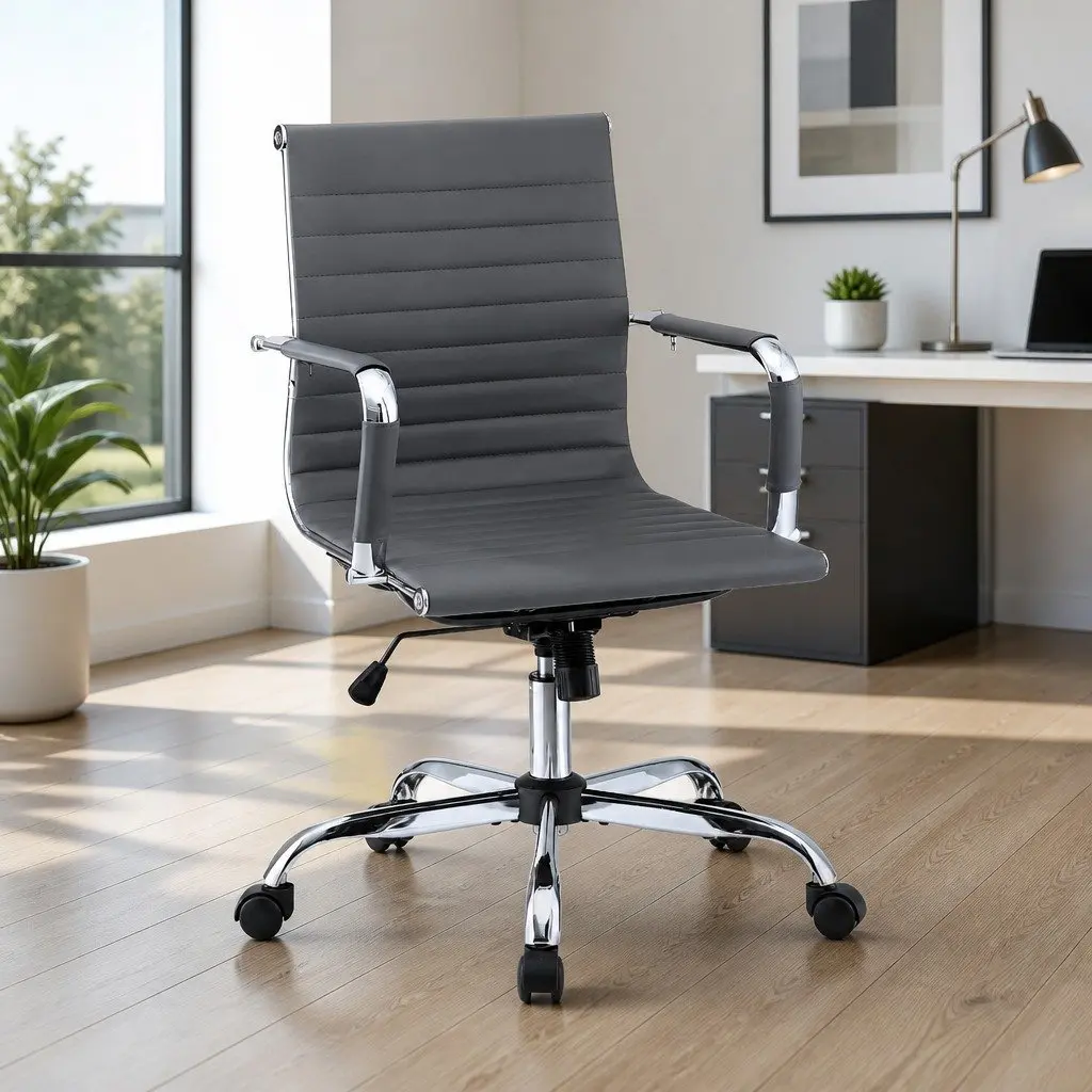 Mid Back Rotatable Conference Chair Grey PU Leather