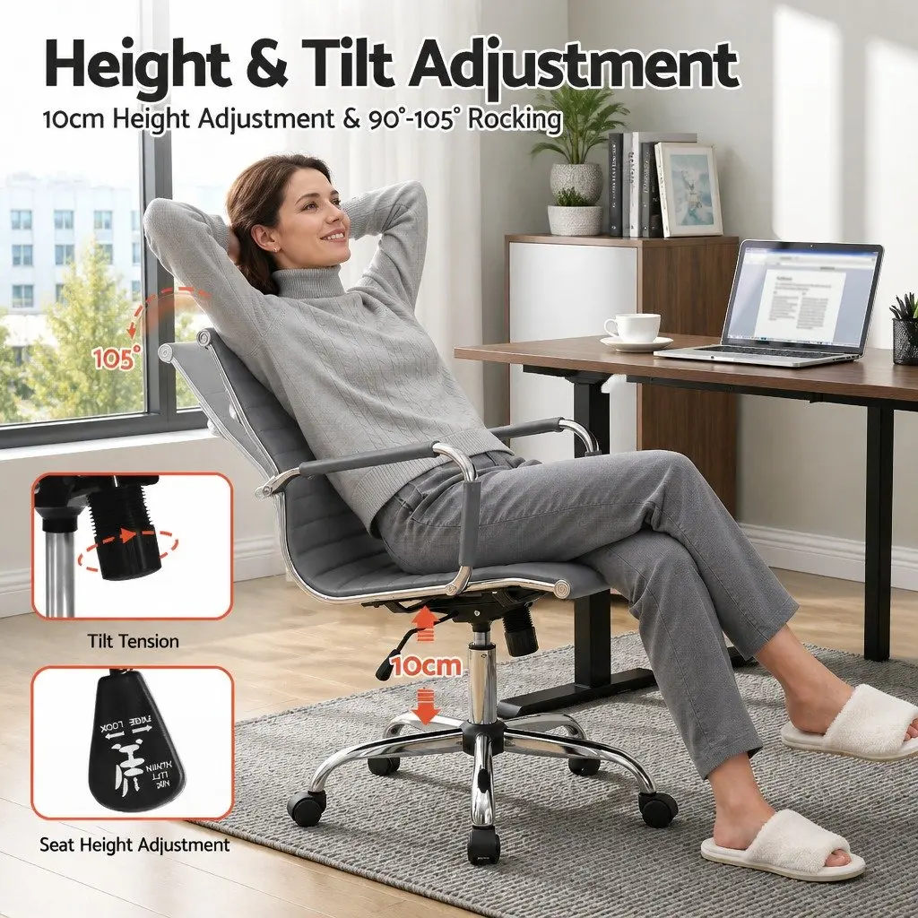 Mid Back Office Chair 360 Degree Rotatable Grey PU Leather with Height and Tilt Adjustments