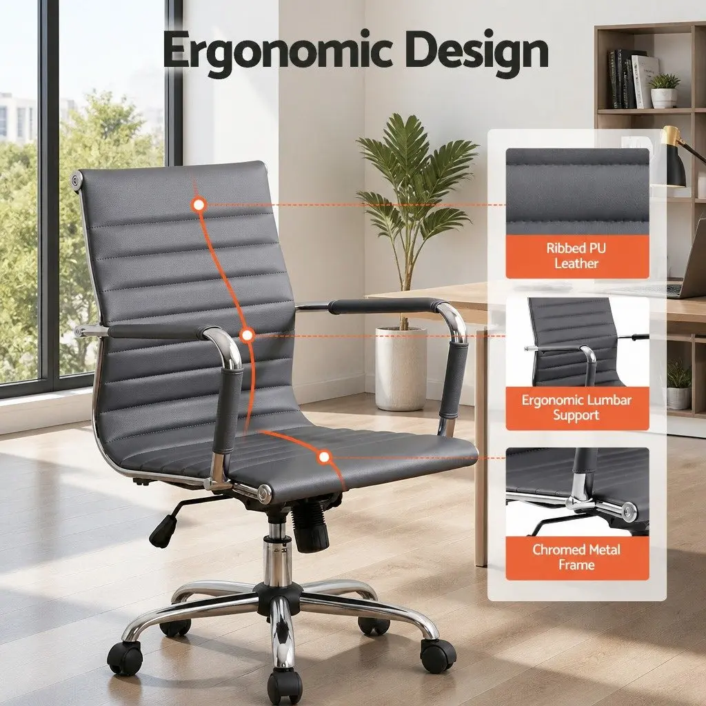 Mid Back Office Chair 360 Degree Rotatable Grey PU Leather with Height and Tilt Adjustments