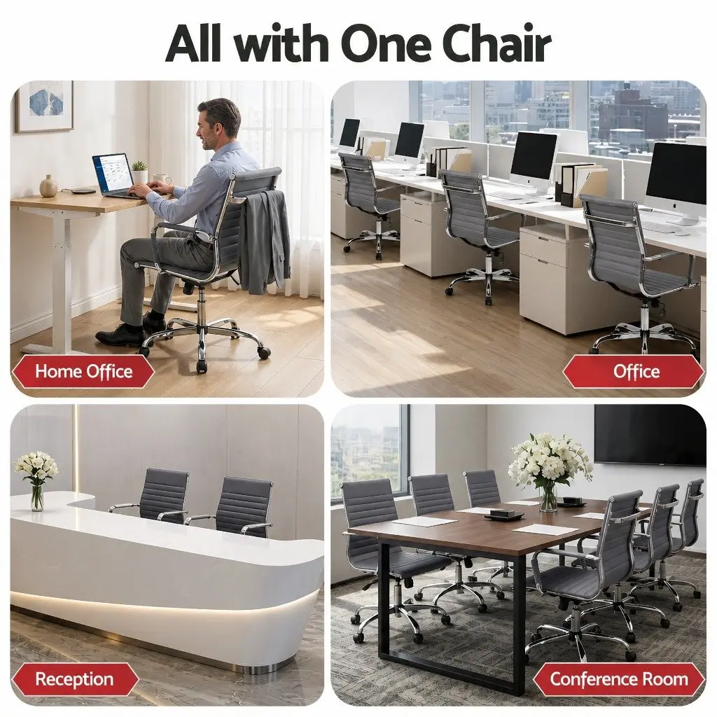 Mid Back Office Chair 360 Degree Rotatable Grey PU Leather with Height and Tilt Adjustments
