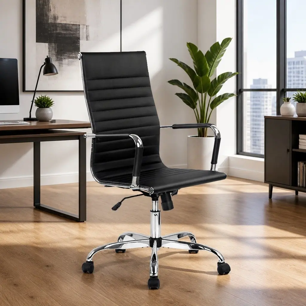 High Back Office Chair PU Leather Adjustable Swivel Black
