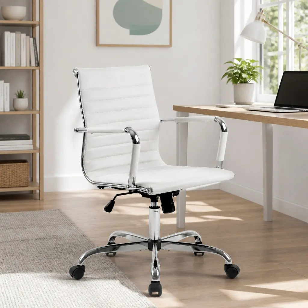 Office Chair Mid Back White Leather Swivel 360 Degree Adjustable