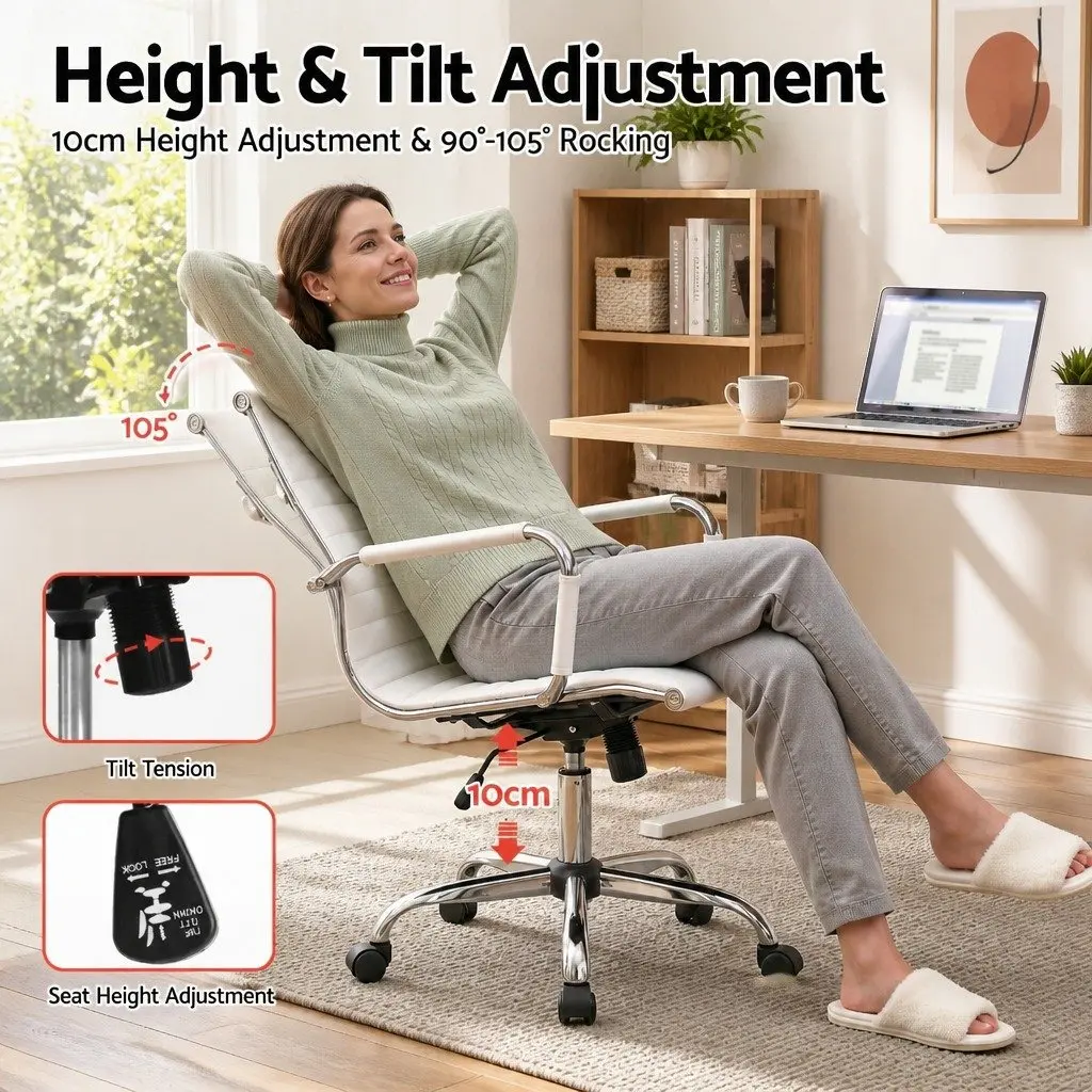 Office Chair Mid Back White Leather Swivel 360 Degree Adjustable