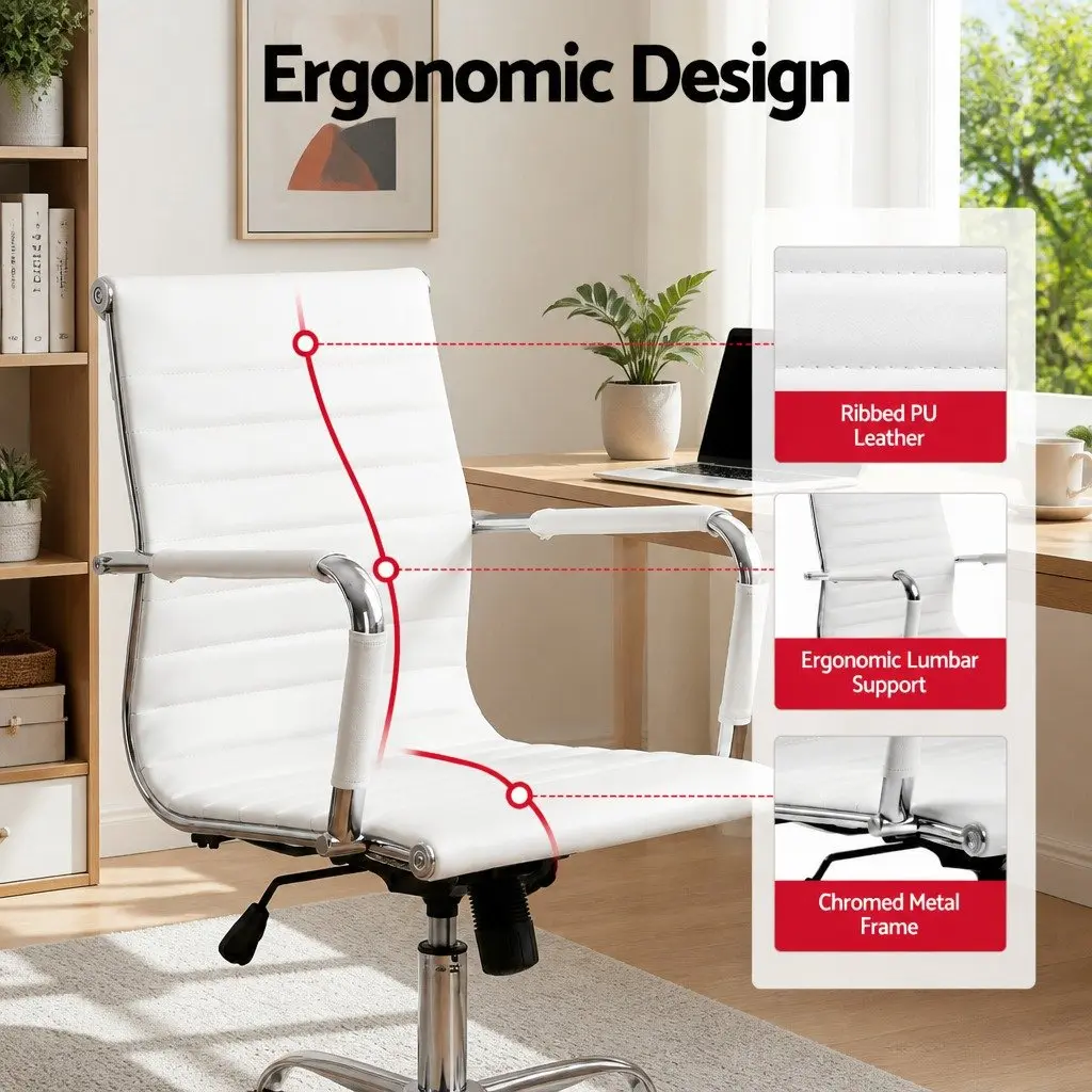 Office Chair Mid Back White Leather Swivel 360 Degree Adjustable