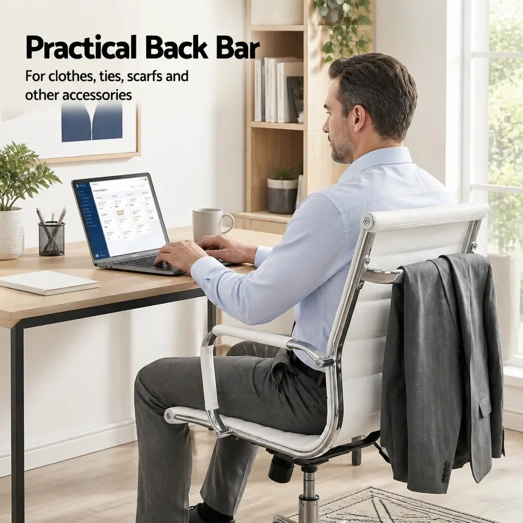 Office Chair Mid Back White Leather Swivel 360 Degree Adjustable