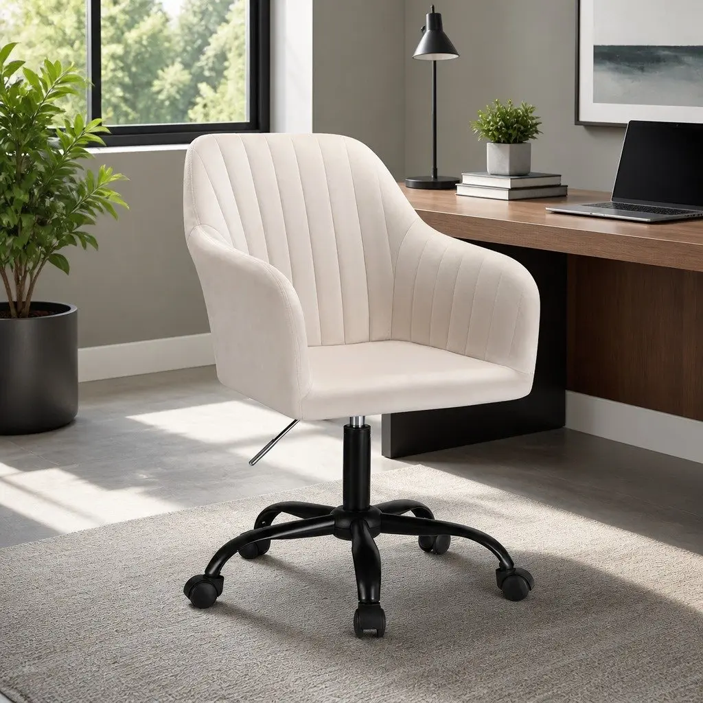 Office Chair Mid Back Swivel Adjustable Height Cream Velvet Seat
