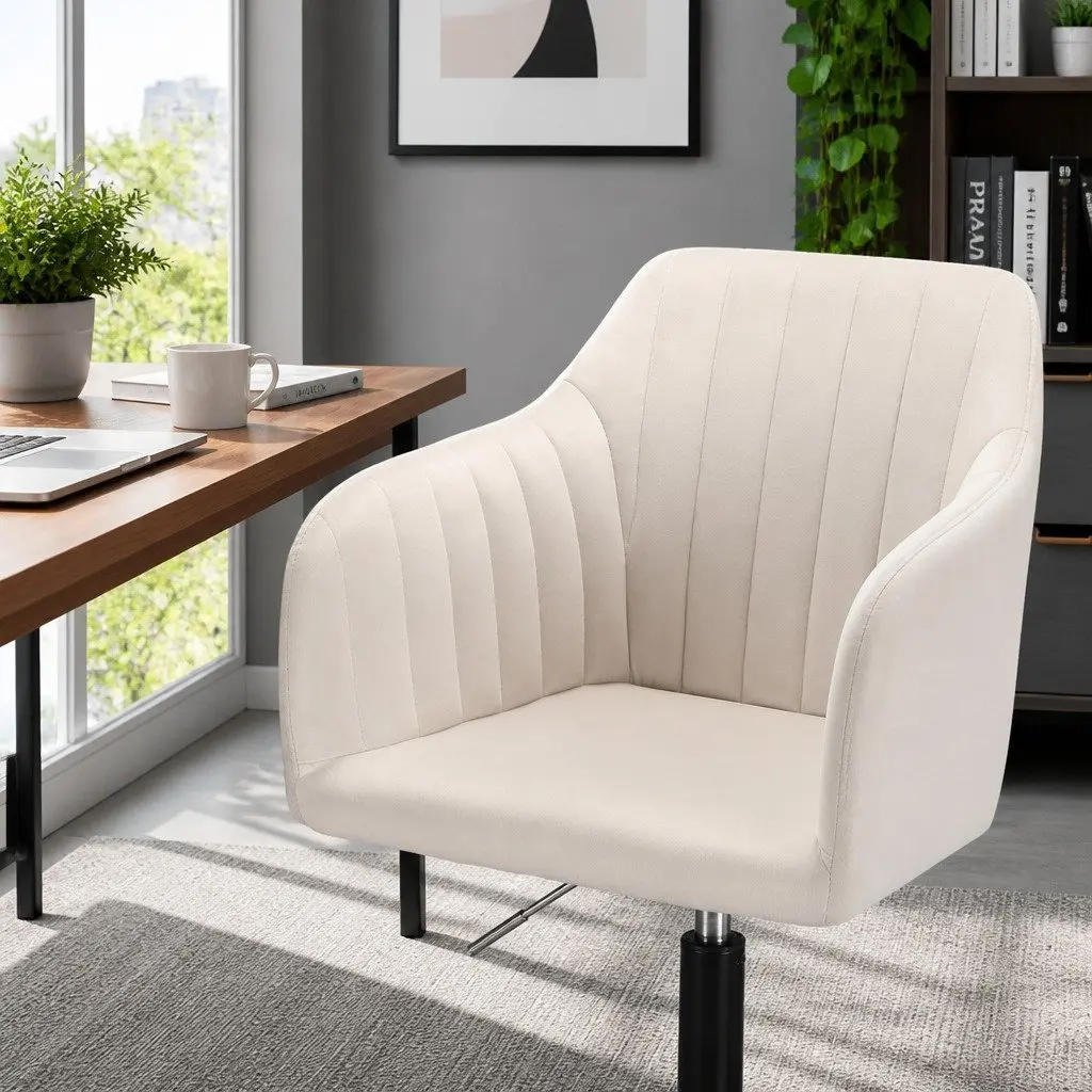 Office Chair Mid Back Swivel Adjustable Height Cream Velvet Seat