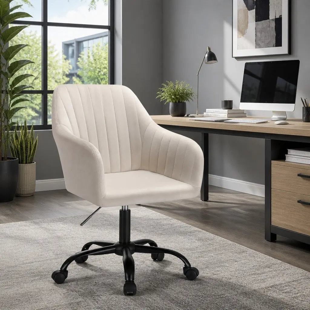 Office Chair Mid Back Swivel Adjustable Height Cream Velvet Seat