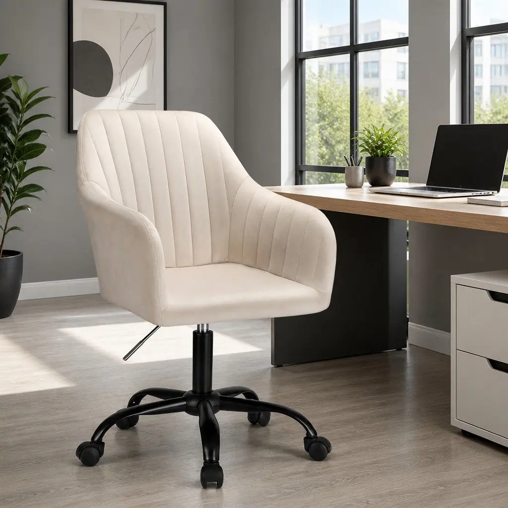 Office Chair Mid Back Swivel Adjustable Height Cream Velvet Seat