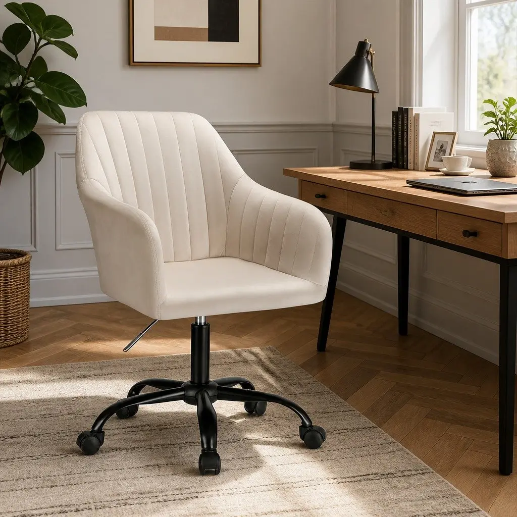 Office Chair Mid Back Swivel Adjustable Height Cream Velvet Seat