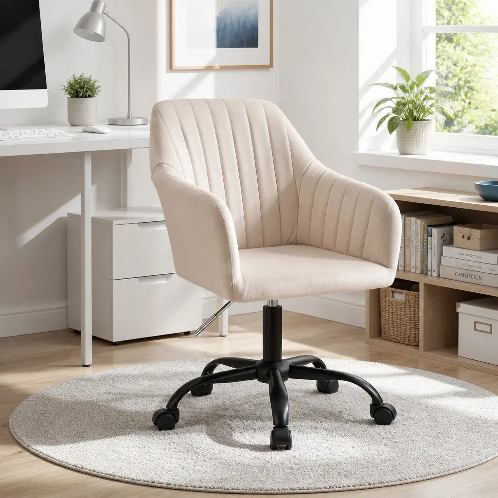 Office Chair Mid Back Swivel Adjustable Height Cream Velvet Seat