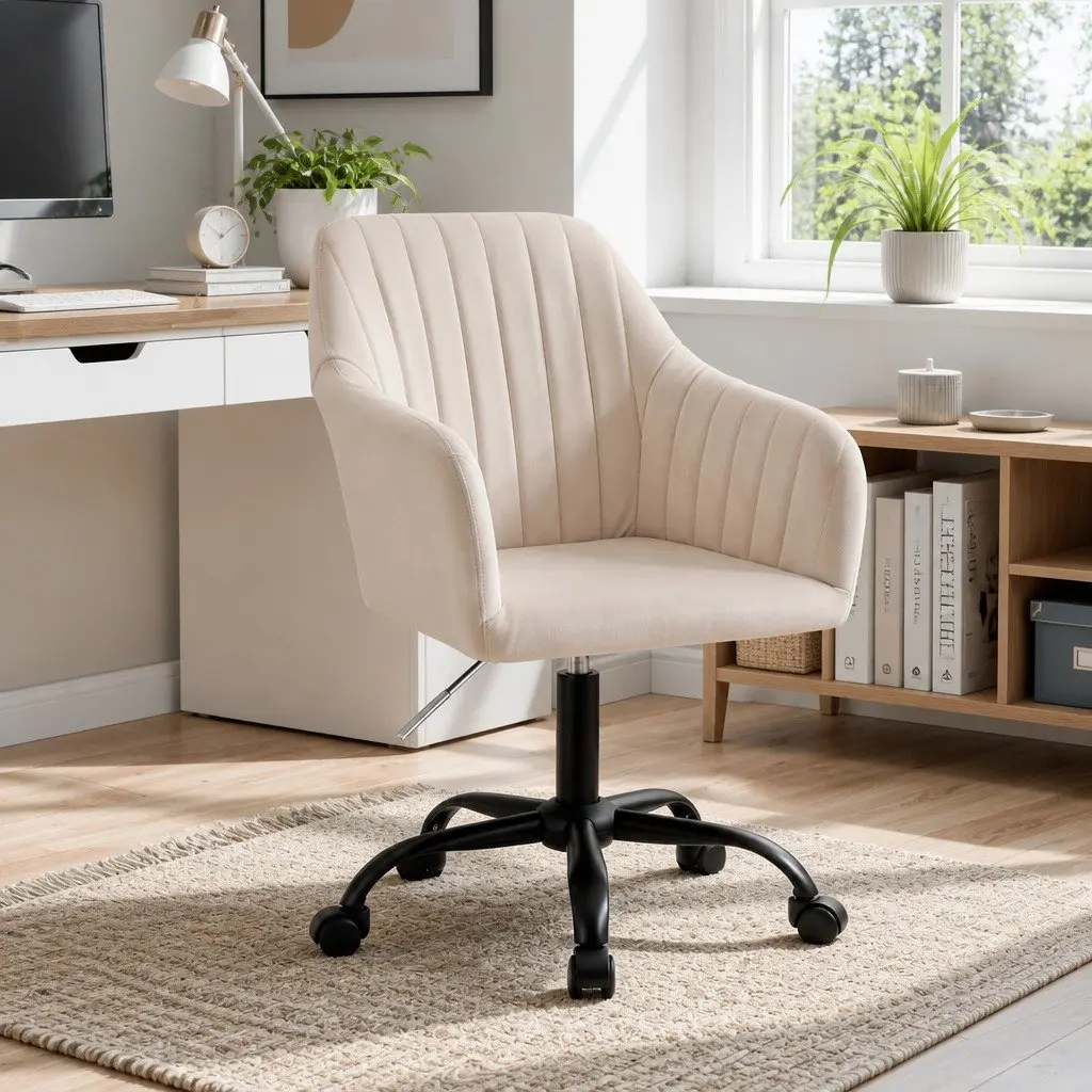 Office Chair Mid Back Swivel Adjustable Height Cream Velvet Seat