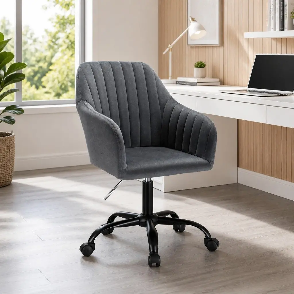 Office Chair Dark Grey Velvet Seat Mid Back Swivel Adjustable Height